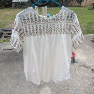 Cupio White Eyelet Circle-Trim Short Sleeve Top